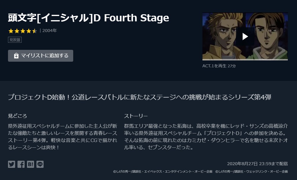 頭文字 イニシャル D Fourth Stageのアニメ動画を全話無料視聴できる